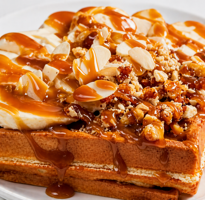 Вафли с вареной сгущенкой и карамельным бананом
