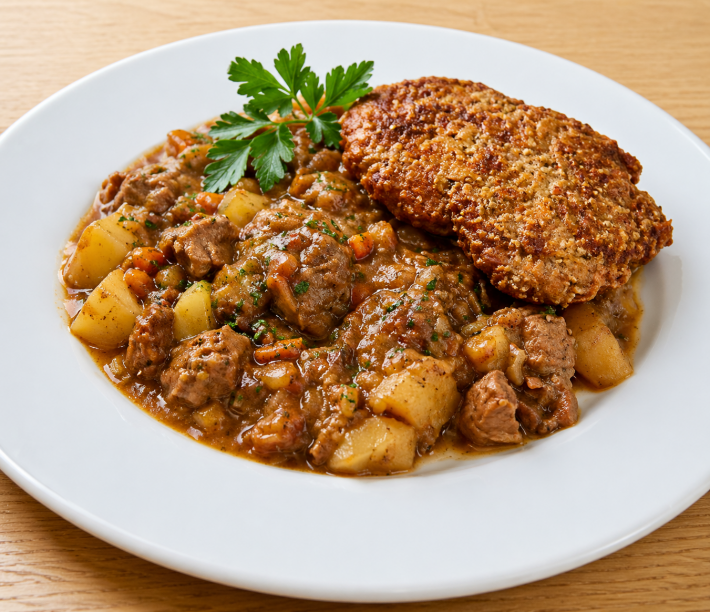 Тушеный картофель с куриной отбивной
