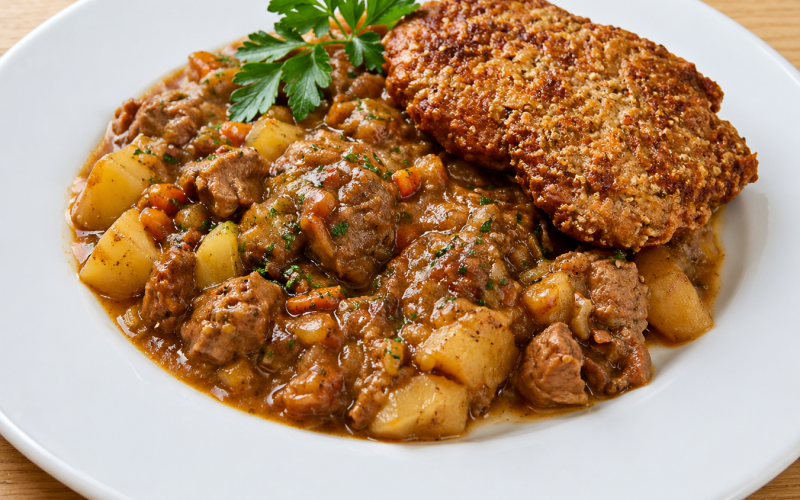 Тушеный картофель с куриной отбивной