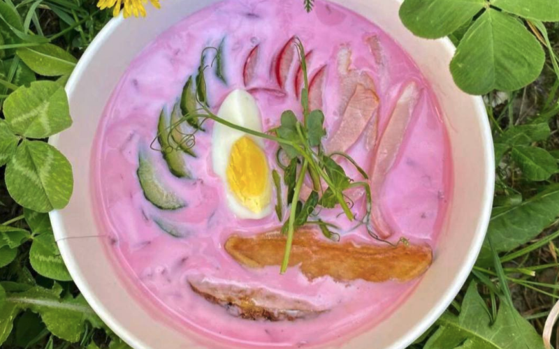 Холодник с ветчиной, редисом и жареным картофелем