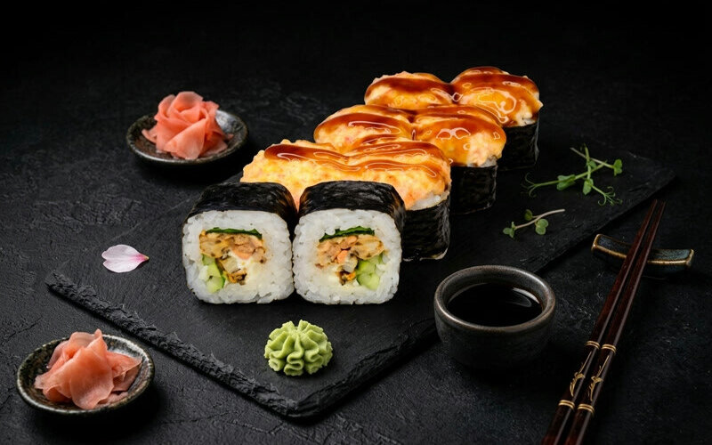 Ролл «Запечённый Лосось терияки с мидиями»