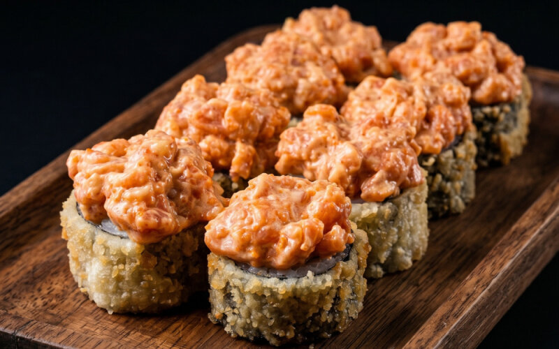 Ролл с лососем, авокадо, огурцом и соусом Спайси