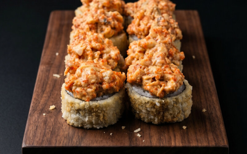 Ролл с угрем, авокадо, огурцом и соусом Спайси