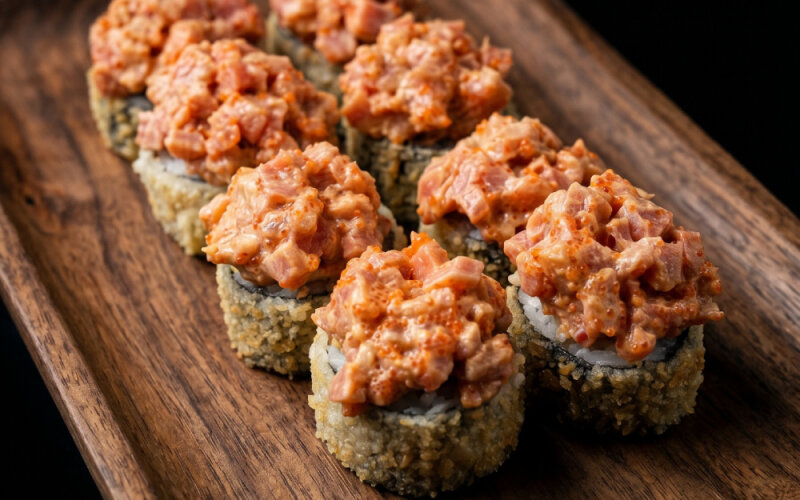 Ролл с тунцом, авокадо, огурцом и соусом Спайси