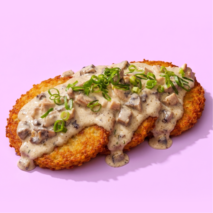 Драники с курино-грибным соусом на сливках
