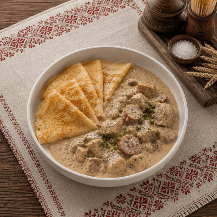 Мачанка с колбасками и свининой с блинами