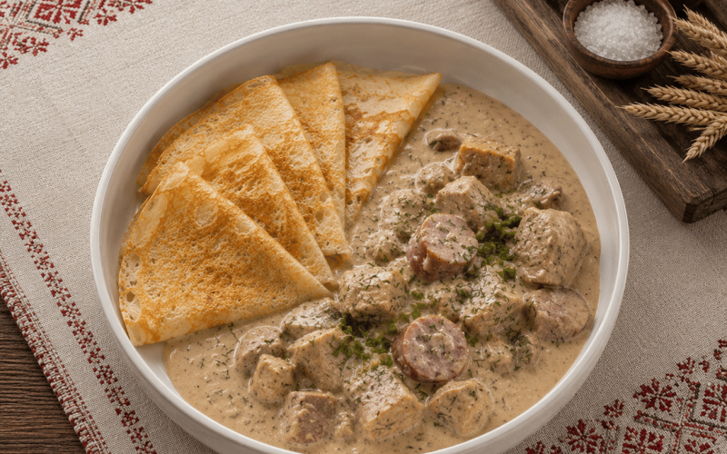 Мачанка с колбасками и свининой с блинами