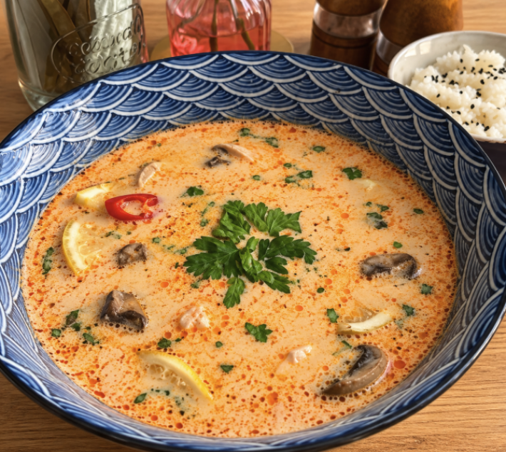 Том ям на кокосовом молоке с курицей, подается с рисом