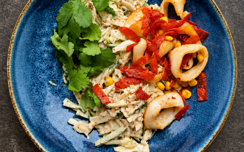 Салат с обжаренным кальмаром, кукурузой, чоризо и кунжутным соусом