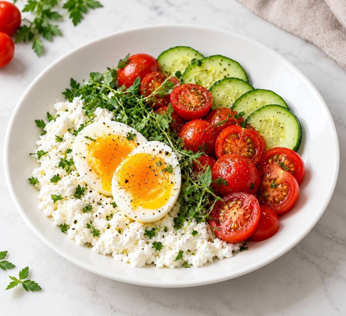 Творожный завтрак с яйцом и овощами