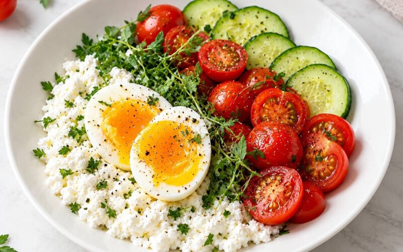 Творожный завтрак с яйцом и овощами