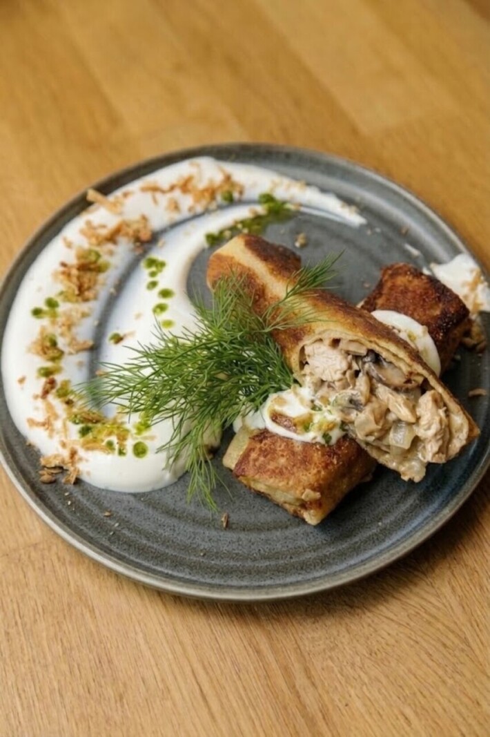 Блины с цыпленком и грибами