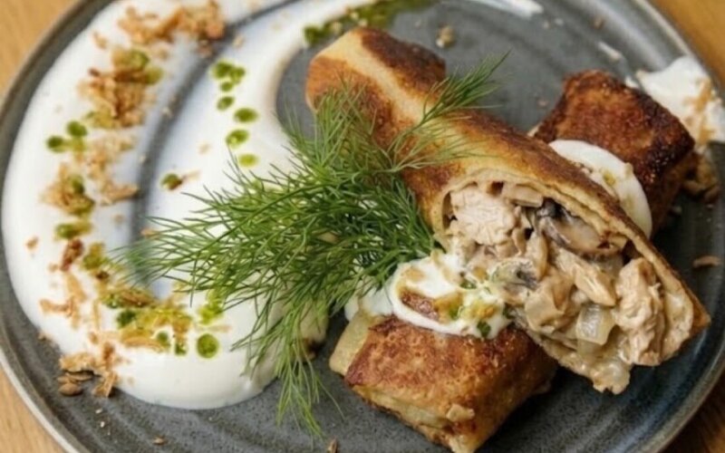 Блины с цыпленком и грибами